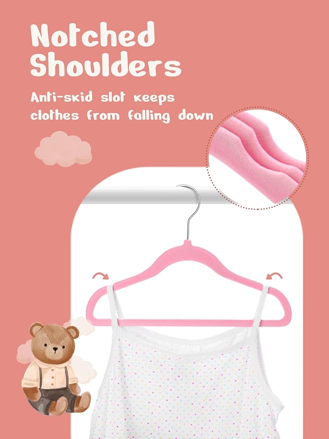 HOUSE DAY 11 Inch Velvet Baby Hangers 50 Pack Lt-Pink, Premium Kids Hangers for Children, Infant & Toddler Clothes, Durable Non Slip Small Baby Felt Hanger for Closet, Ideal for Everyday Use