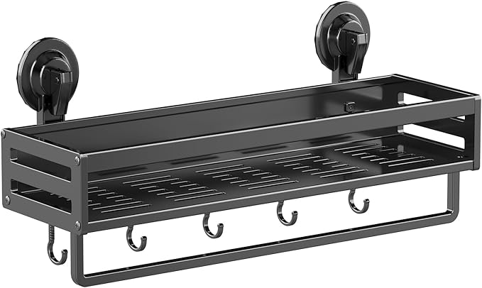 Shower Caddy Suction Cup, 11.8 inch Suction Shower Shelf with Hooks NO-Drilling Bathroom Holder, Rustproof Bathroom Organizer, Dark Grey