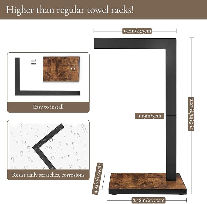 Hand Towel Holder for Bathroom, Hand Towel Stand with Wood Base, L-Shape Hand Towel Rack Height 13.85'' for Vanity Countertop, Kitchen Counter, (Rustic Brown-Square Base-L Shape)