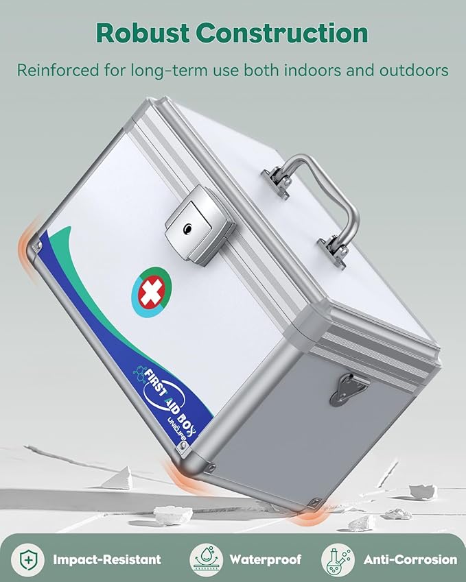 Uniclife Medicine Lock Box First Aid Box with Key Lock, Handle & Shoulder Strap Portable Medication Lockable Kit Metal Lockable Medicine Storage Security Lock Boxs for Medications, 12" x 7" x 7.5"