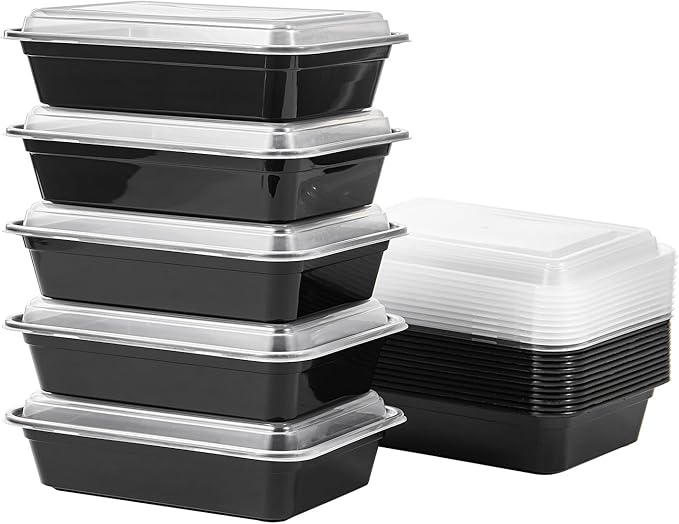 Jaluxing 50 Pack Meal Prep Plastic Food Storage Containers With Lids 28 oz 1 Compartment Black Rectangular To Go Lunch Prepping Boxes BPA-Free Microwavable Freezer Safe Stackable (Formerly FULING)