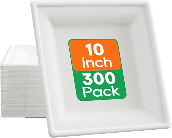 ECOLipak 7.85 Inch Compostable Square Paper Plates, 300 Count, White