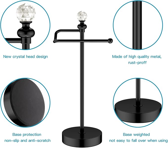 Heavy Weighted Hand Towel Holder(with Crystal Ball) Standing Hand Towel Holder Total Height 15.7'' for Kitchen,Bathroom,Vanity,Classic Decorative Metal Hand Towel Stand,Matte Black
