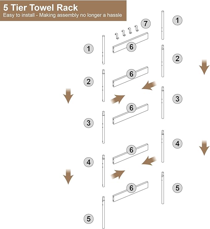 Blanket Ladder, 5-Tier Towel Holder with 4 Removable Hooks, Farmhouse Wall Leaning Decorative Rack Shelf, Wooden Towel Display Rack, Quilt Ladder for Living Room, Bedroom, Greige