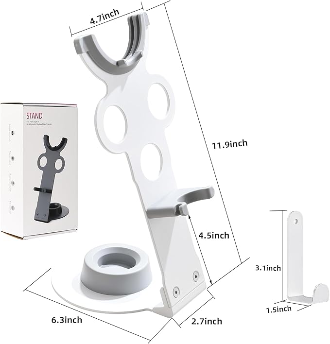 Hair Dryer Holder Stand for Dyson Hair Dryer, Upgraded Dyson Hair Dryer Holder Dyson Hair Dryer Stand White to Store 5 Dyson Hair Dryer Attachments with Cable Hook