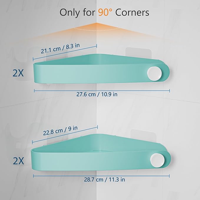 Sotfamily Plastic Shower Caddy Corner (For 90° Only), 4 Pack Adhesive Corner Shower Shelves for Bathroom Organizers and Storage, Turquoise