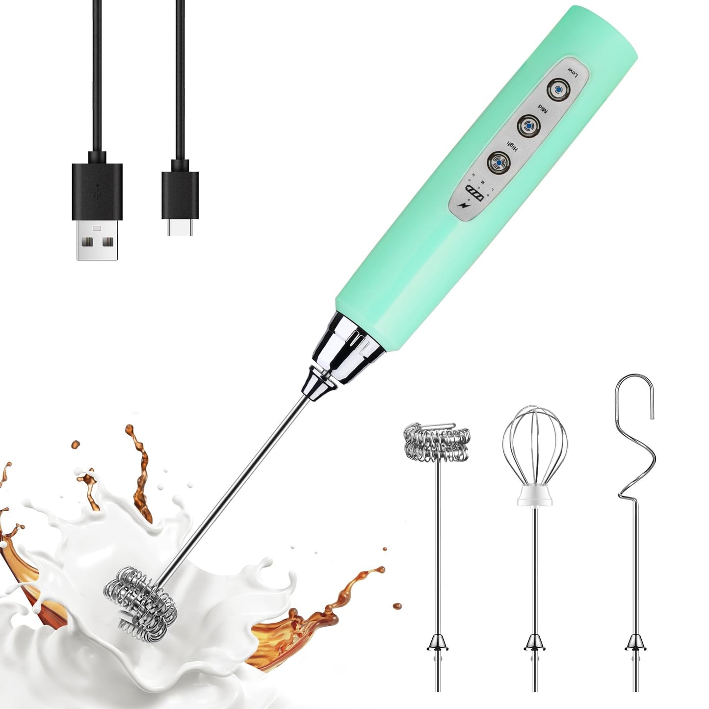 YUSWKO Handheld Milk Frother Wand for Coffee, Rechargeable Electric Whisk with 3 Heads 3 Speeds Drink Mixer Coffee Frother For Latte, Cappuccino, Hot Chocolate, Egg, Beige