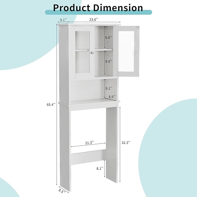 Shintenchi Over The Toilet Storage Cabinet, Bathroom Shelf Organizer with Anti-Tip Device Small Freestanding Space Saver with Adjustable Shelf and Glass Door, White