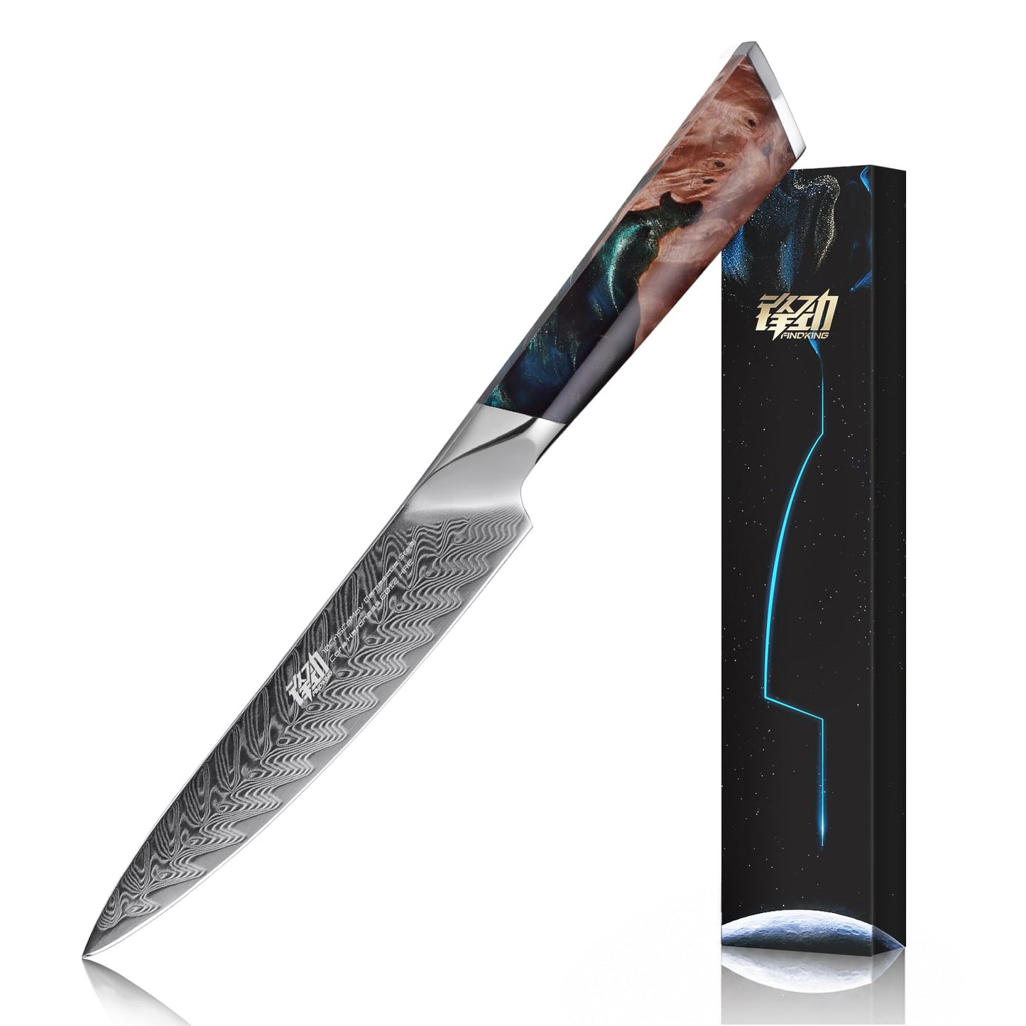 FINDKING Nebula Series Kitchen Utility Knife with ABS Sheath, Versatile Small Petty Knife, 10Cr15CoMov Damascus Blade, Resin and Figured Sycamore Handle, Full Tang, 5 Inch, Blue, for Fruit, Steak
