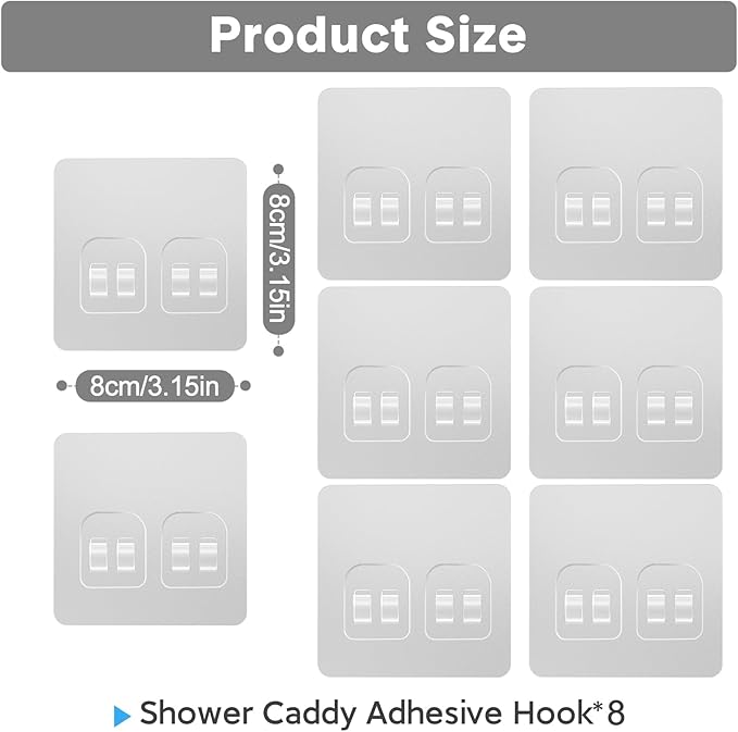 Shower Caddy Adhesive Replacement, Double Hooks No Drilling, Transparent Strong Adhesive Waterproof for Shower Caddy, Bathroom Storage Shelves, Kitchen Racks (Double Hooks * 8pcs)