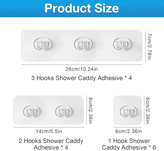 Upgraded Shower Caddy Adhesive Replacement,Strong Adhesive Hooks for Shower Caddy, Waterproof Shower Shelf Adhesive, Shower Adhesive Strips for Shower Organizer and Kitchen Racks (14 Pcs (Mix Hooks))