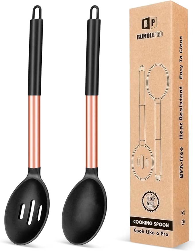 BUNDLEPRO Silicone Cooking Spoons for Nonstick Cookware, 2 Pack, KHAKI