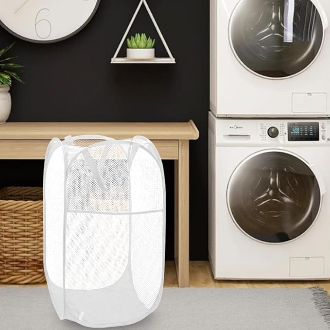 BATTOO Deluxe Strong Mesh Pop up Laundry Hamper Basket with Side Pocket for Laundry Room, Bathroom, Kids Room, College Dorm or Travel White