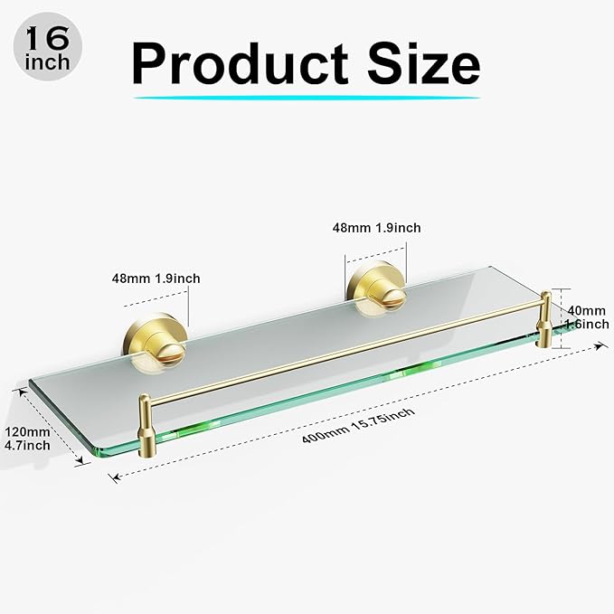 Glass Bathroom Shelves,Brushed Gold Floating Shelves for Wall Rectangular Modern Stainless Steel Glass Shelf for Bathroom Shelves Wall Mounted 16 Inch