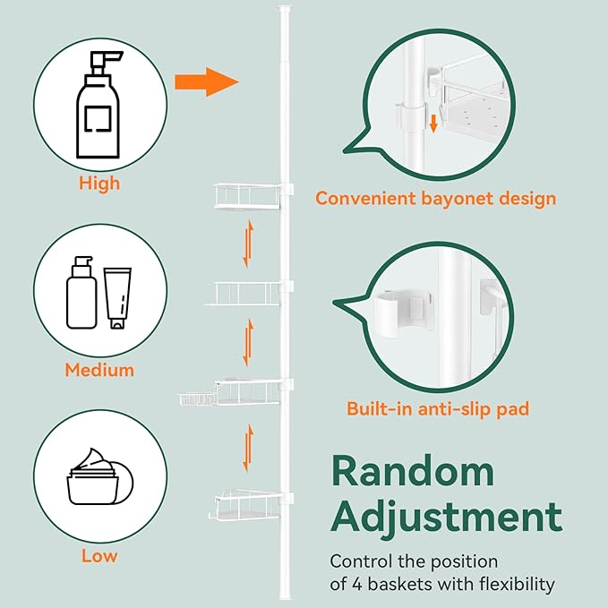 Corner Shower Caddy Tension Pole, 4 Tier Rustproof Shower Tension Rod Organizer, Adjustable 25-125 Inch Bathroom Shower Organizer Shelves for Bathtub Shampoo Storage, White