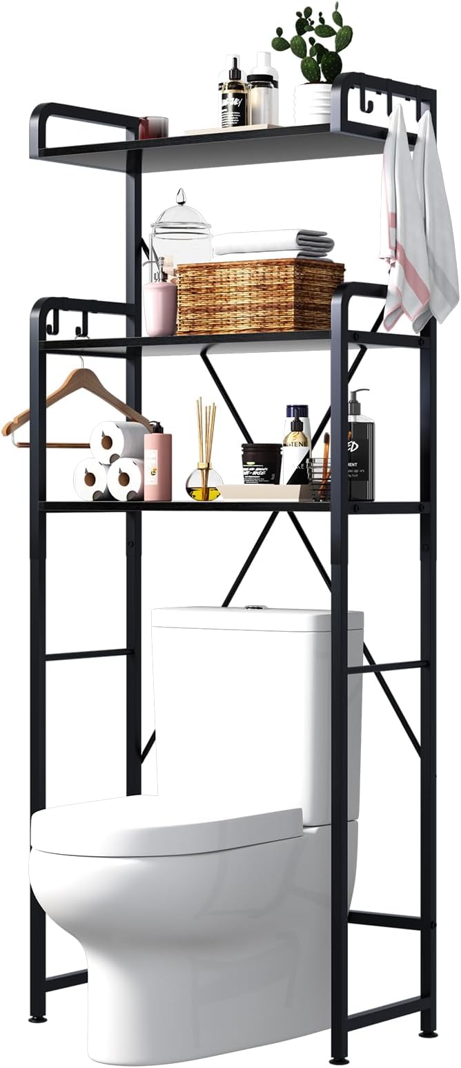 Over-The-Toilet Storage Rack with 3-Tier Shelves, Space Saver Toilet Shelf, Bathroom Storage Organizer with Hooks for Over-Toilet Storage (Black)