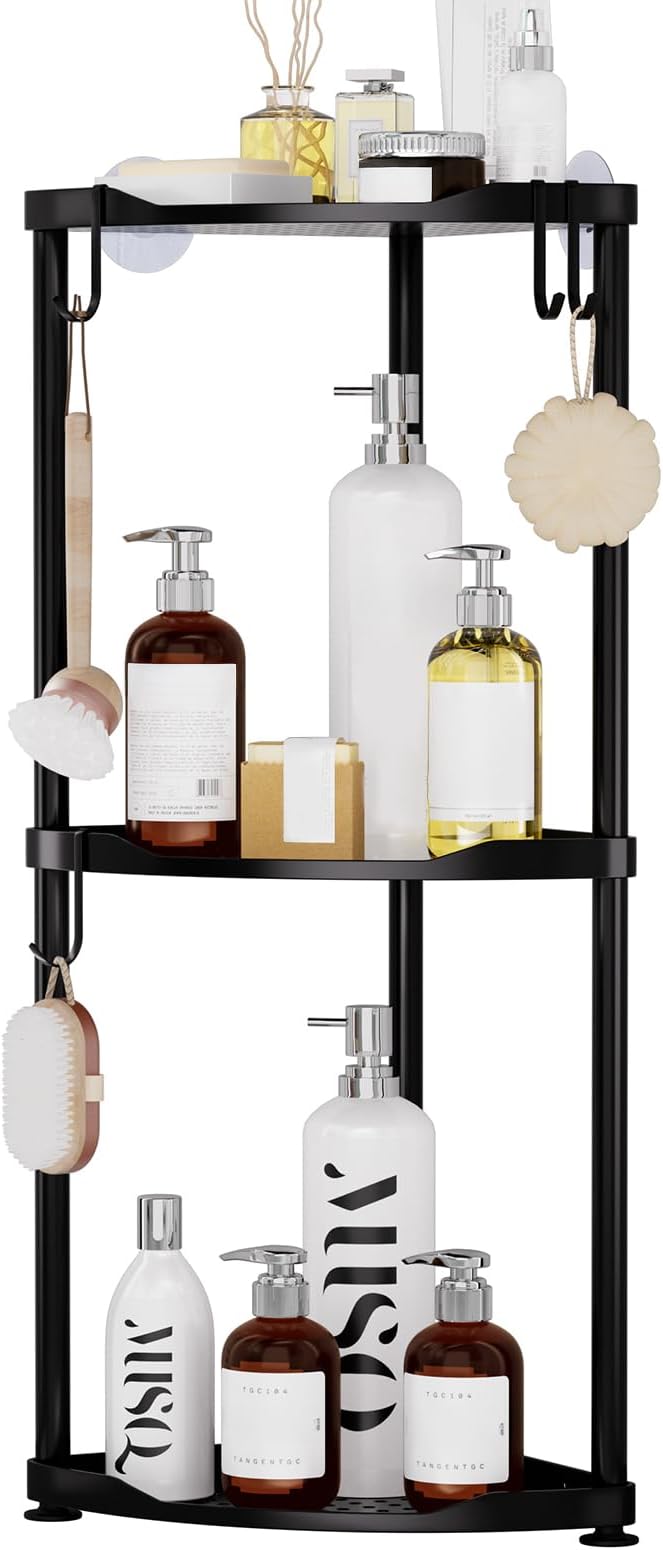SWTYMIKI Corner Shower Caddy Standing - 3 Tier Stainless Steel Shower Organizer Stand, Large Capacity Floor Shelf with 4 Hooks, Rustproof Bathroom Storage Rack, Black