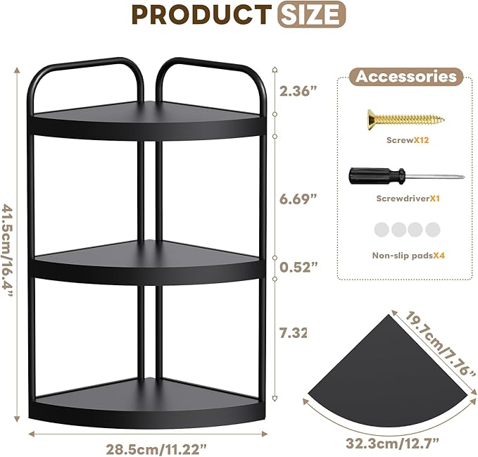 Abiglifty Corner Bathroom Counter Organizer, No Drill 3-Tier Corner Shelf Bathroom Counter, Space-Saving Countertop Organizer, Corner Counter, Vanity Organizers (Black)