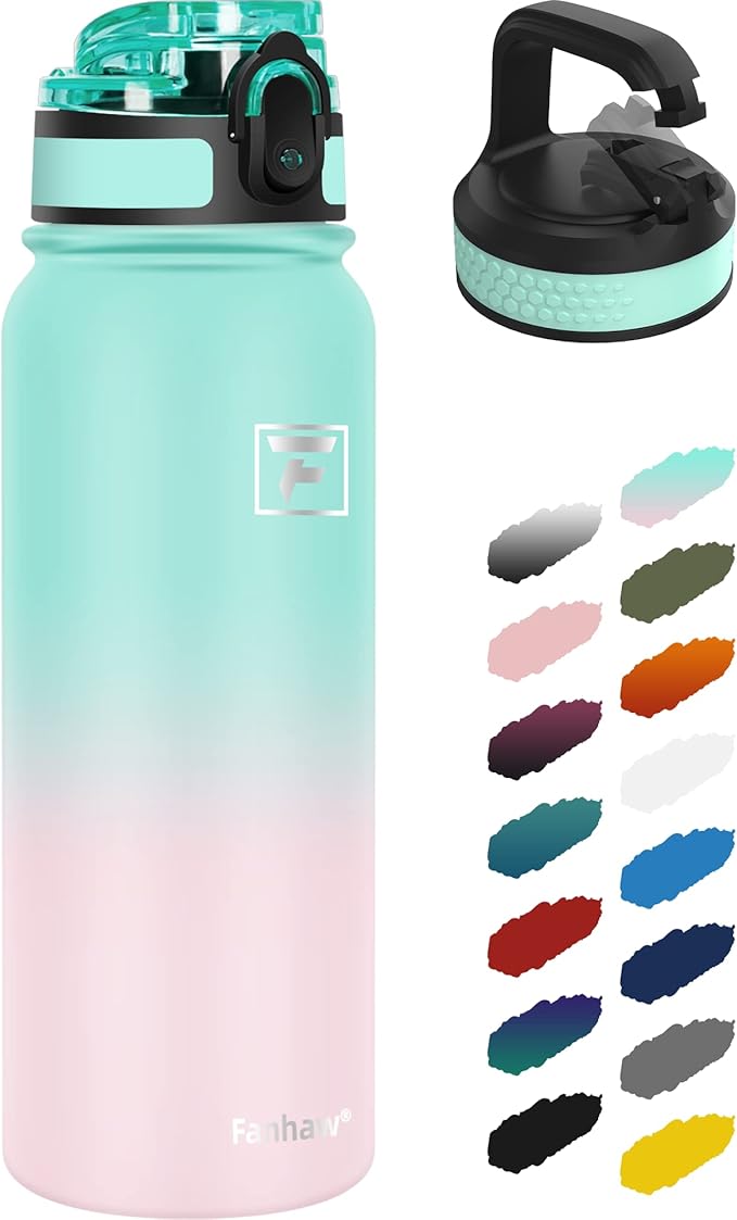 Fanhaw 20 oz Insulated Stainless Steel Water Bottle with Anti-Dust Chug Lid & Carabiner Lid, Leakproof Vacuum Metal Bottle for Kids, Women & Men (Green Pink)