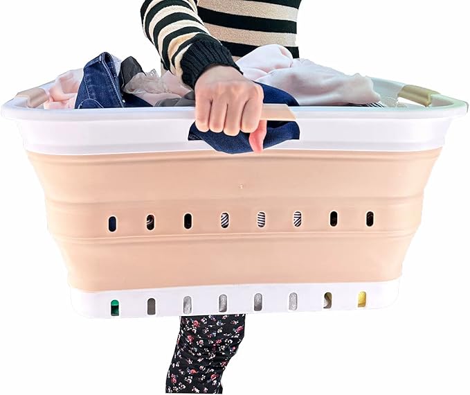 SAMMART 42L (11 gallon) Collapsible Plastic Laundry Basket - Foldable Pop Up Storage Container/Organizer - Portable Washing Tub - Space Saving Hamper/Basket (White/Latte)