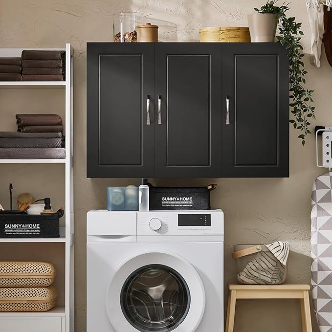 Haotian Wall Cabinet for Laundry Room, Storage Medicine Cabinet for Bathroom Kitchen Garage, Linen Tower Bath Cabinet, Floading Cabinet with Shelf, Black FRG231-L-SCH