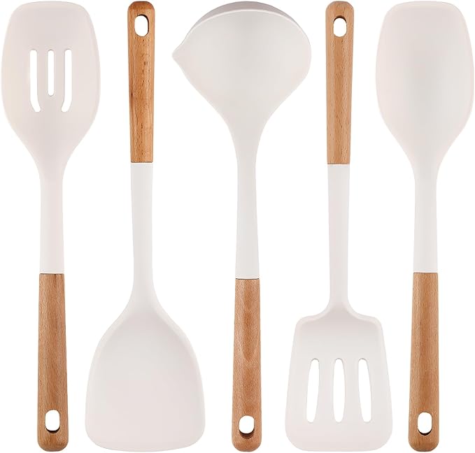 IOCBYHZ Silicone Cooking Utensils Set 5Pcs Non-Stick Silicone Kitchen Utensils for Cooking, Heat Resistant Kitchen Gadgets Spatula Spoon Turner Set with Wooden Handles for Non-Stick Cookware BPA Free