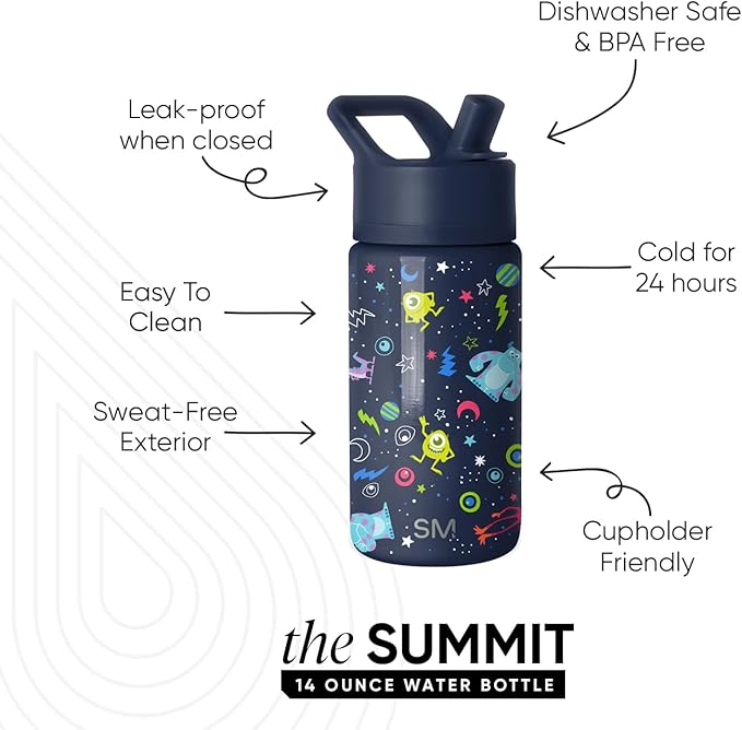 Simple Modern Kids Summit Water Bottle with Straw Lid | Disney Pixar Monsters Inc 14oz Stainless Steel Cup Insulated Tumbler for Boys, School | Dream Team
