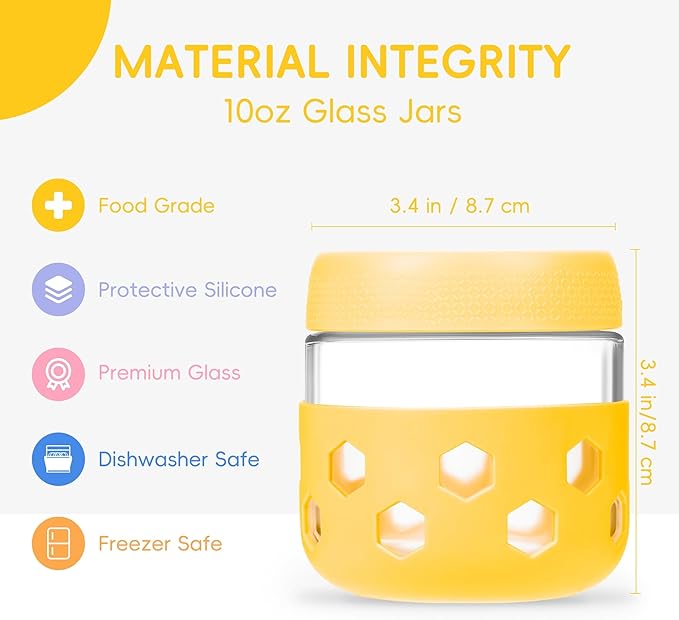 Gemice 6-Pack 10oz Glass Mason Jars with Silicone Sleeves, Airtight BPA-Free Overnight Oats Containers with Lids, Dishwasher Safe Leak-Proof Meal Prep Jars for Chia Pudding, Yogurt, Snacks