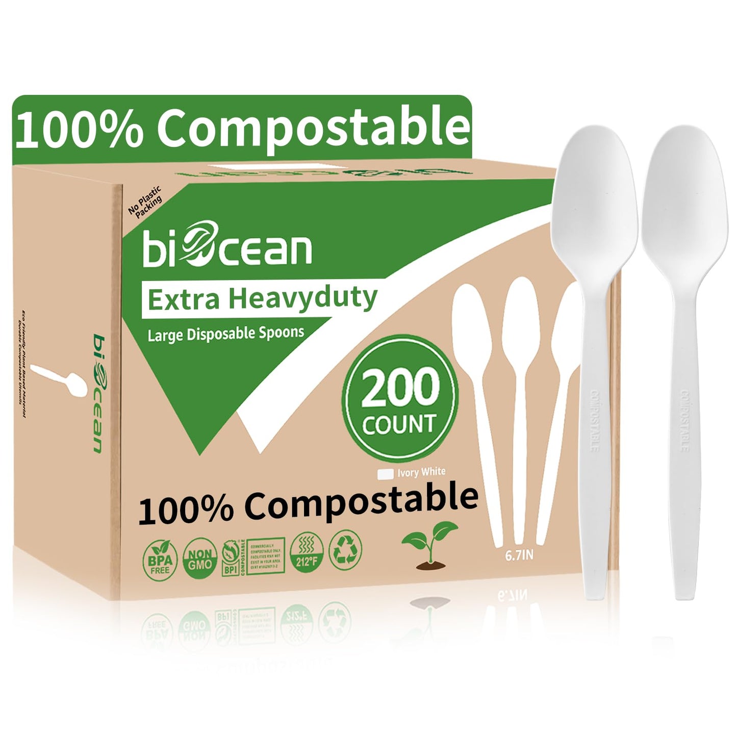 Biocean Extra Heavyduty Compostable Spoons [500 Count,6.7In] Disposable Cutlery No Plastic Spoons Large Biodegradable Utensils Eco Friendly Silverware for Party,BBQ,Daily Use [With Tote]