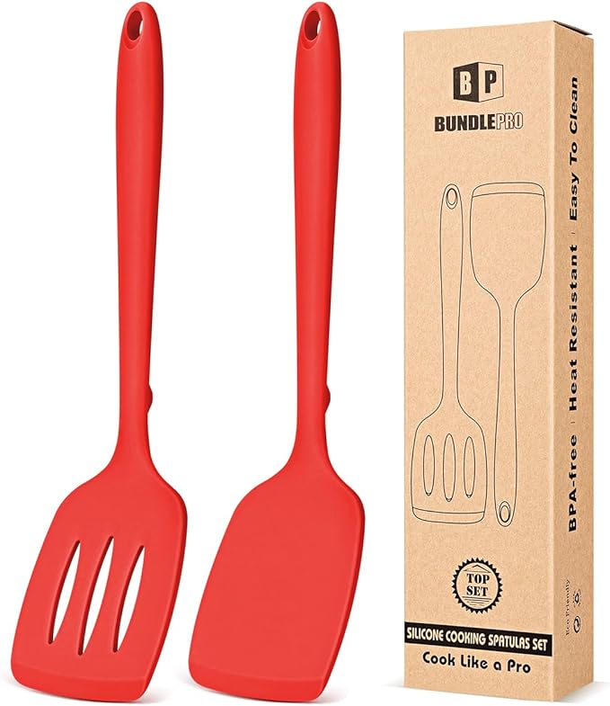 Pack of 2 Silicone Spatula Turners, Non Stick Slotted Kitchen Spatula Set, Heat Resistant BPA Free Kitchen Utensils, One-Piece Design, Suitable for Flipping Fish, Eggs, Steak, Pancakes (GREEN)