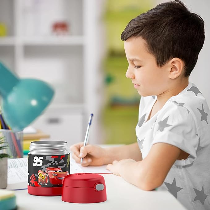 THERMOS FUNTAINER Insulated Food Jar, 10 Ounce, Kid Friendly Food Jar with Foldable Spoon, Cars