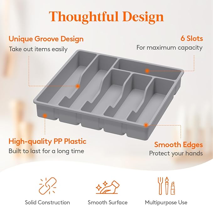 Lifewit Silverware Drawer Organizer Tray, Plastic Cutlery Storage for Kitchen, Flatware and Utensil Holder Divider for Spoons Forks Knives Tableware, 12.4 x 11.7", 6 Slots, Gray
