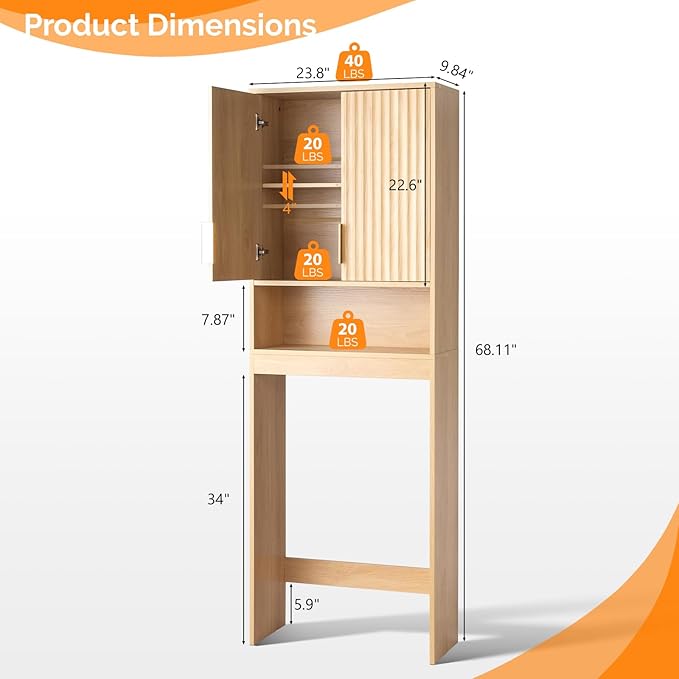 VINGLI Over The Toilet Storage Cabinet with Fluted Doors, Mid Century Modern Bathroom Organizer Over Toilet, Freestanding Wooden Space Saver Stand with Adjustable Shelves, Natural Oak
