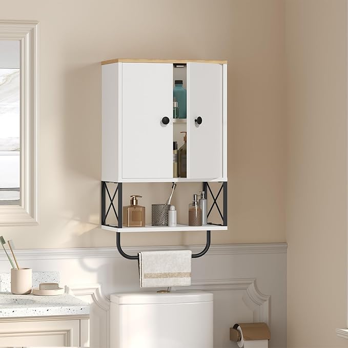 Bathroom Wall Cabinet with 2 Door and Adjustable Shelf, Medicine Cabinet with Towel Rack, 3-Tier Wall Mounted Storage Cabinet Over The Toilet for Bathroom Laundry Room, White and Natural