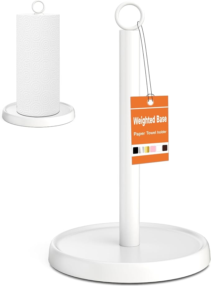 White Paper Towel Holder Countertop, White Kitchen Accessories Decor, Stainless Steel, Paper Towel Holder Stand for Bathroom Farmhouse Essentials, Weighted Base, Anti-Slip