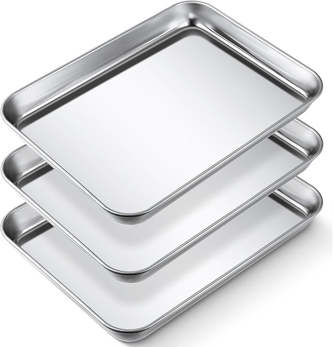 Potchen 12 Pcs Baking Sheet Pan Set Stainless Steel Cookie Sheet Small Toaster Oven Pans Tray Barbecue Grill Pan Rectangle Trays Oven Freezer Bakery, Non-stick, Easy Clean, 9 x 6.7 x 1 Inches