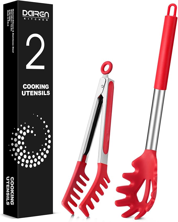 Silicone Spaghetti Spoon and Pasta Tong, Server Fork with teeth,10" & 13"