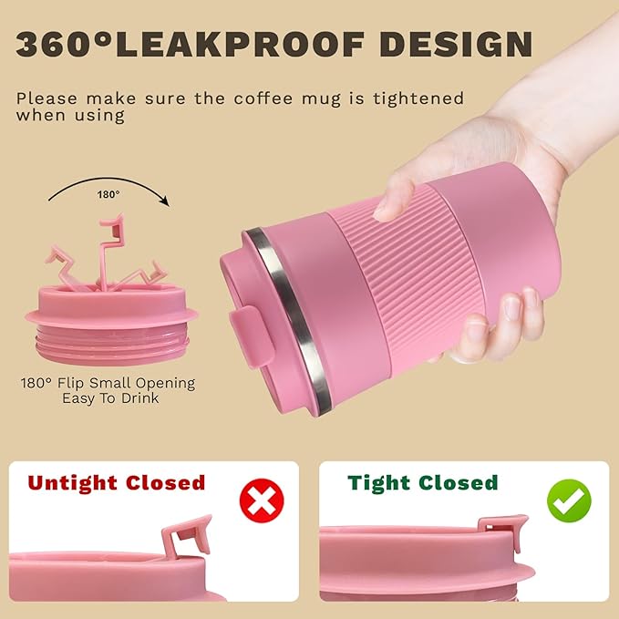 Vacuum-Insulated Stainless Steel Travel Coffee Mug, Leak-Proof Reusable Coffee Cup with Lid - Keep Hot & Cold Drinks for Hours, Durable Insulated Tumbler for Men & Women(3rd-Pink, 12OZ)
