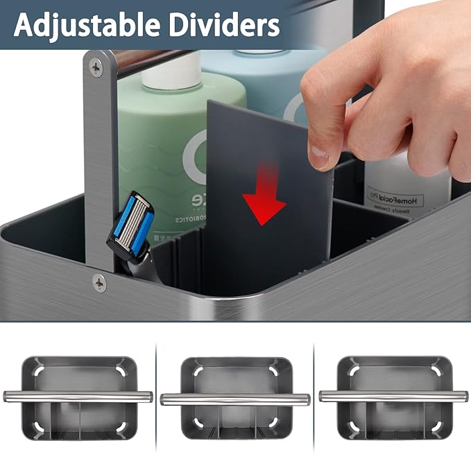 Portable Shower Caddy Dorm: Compact Bathroom Caddy Organizer with Handle & Adjustable Dividers, Hard Plastic Shower Basket Storage Tote for Toiletry, College Dorm Room Essentials for Men Gray