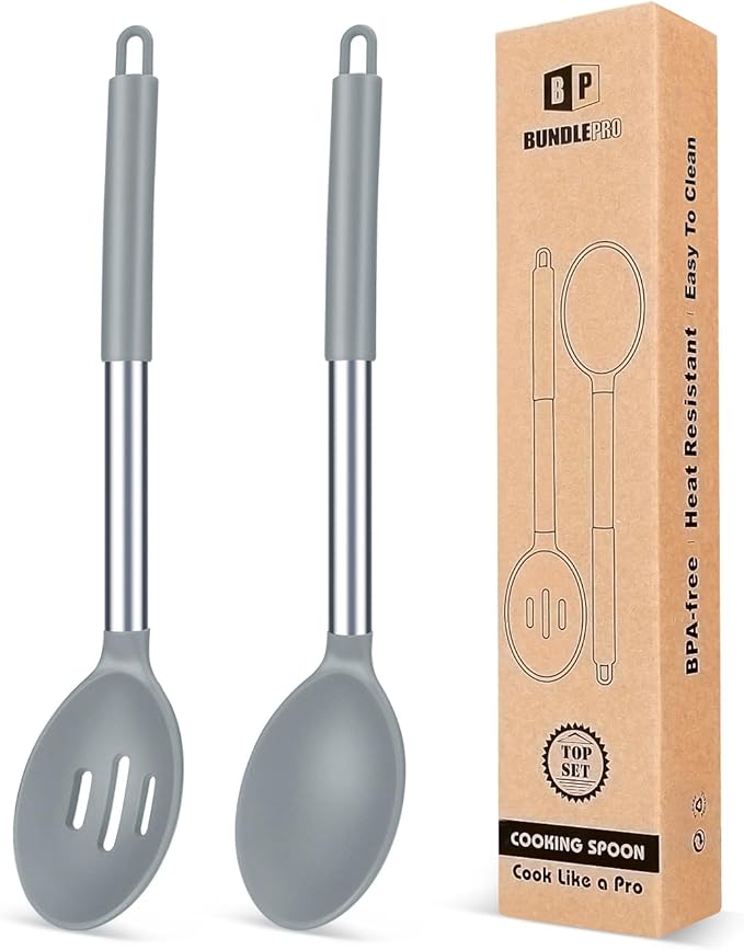 BUNDLEPRO Silicone Cooking Spoons for Nonstick Cookware, 2 Pack, KHAKI