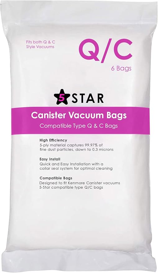 5-Star 6 Pack Type Q/C HEPA Replacement Vacuum Bags Compatible with Kenmore and Sears Canister Vacuum Fits Kenmore 5055 50557 50558 53291 Replace Part 53292.