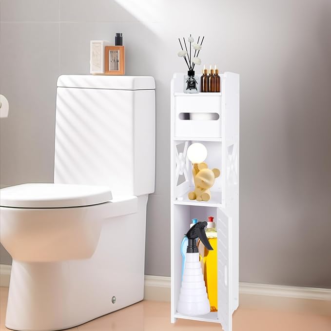 ShellKingdom Toilet Paper Holder Stand, Bathroom Storage Cabinet with Doors and Shelves, Slim Storage Cabinet for Bathroom Small Spaces Corner Floor Organizer - (White)
