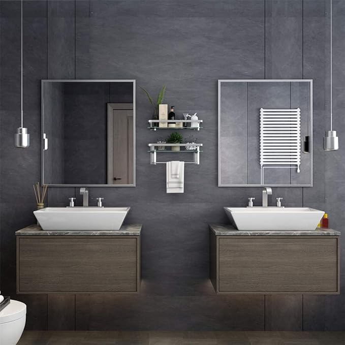 VOLPONE Glass Bathroom Shelf 15.7in Bathroom Shelf Wall Mounted Floating Glass Shelves with Towel Holder Glass Shelf for Bathroom 2 Tier (Sliver)