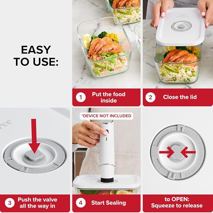 Chef Preserve Glass Vacuum Seal Containers for Meal Prep, Food Storage, Made For Compact Vacuum Sealer, 3pcs set [3x Large] Works With Handheld Vacuum Sealer Machine