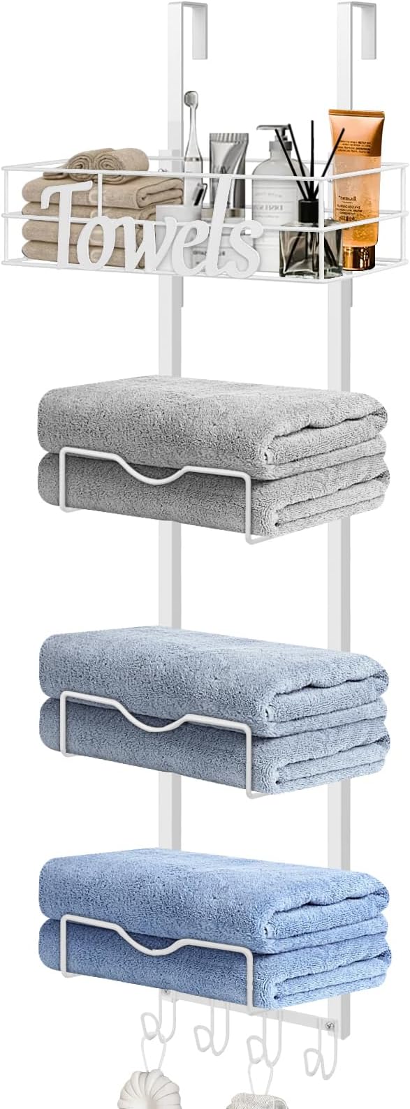 HarJue Over The Door Towel Racks, No Drill Towel Storage with Basket & Hooks, Space-Saving Multi-Functional Towel Holder for Bathrooms, bedrooms, Apartments, RVs (White)
