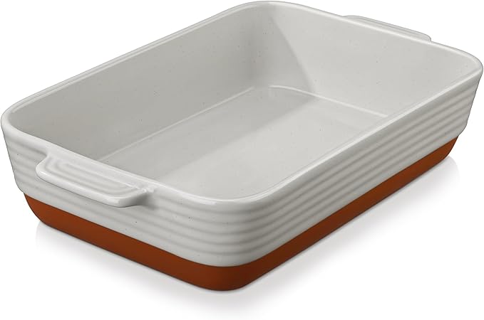 MALACASA Large 9x13 Ceramic Baking Dish with Handles, 4.8 Qt, Khaki & Pink