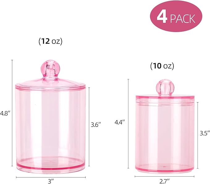 Tbestmax 12 oz & 10 oz Qtip Holder - 4 Pack Restroom Bathroom Organizers and Storage Containers, Pink Plastic Apothecary Jars with Lids for Cotton Swab, Cotton Round Pads, Floss