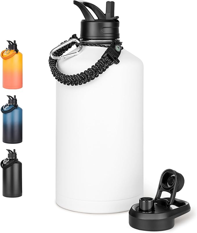 Gallon Water Bottle with 2 Lids (Straw & Spout), 304 Stainless Steel Water Jug with Handle and Wide Mouth, 1 Gallon Vacuum Double Walled Jug for Sports, Outdoors, Leak-Proof, White 128 oz