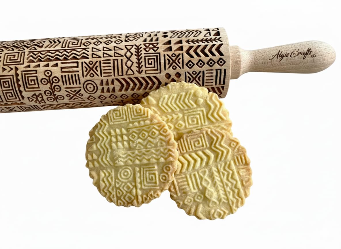 FOLK Embossed Rolling Pin. Wooden Embossing Rolling Pin With Folksy Flowers for Pottery and Cookies by Algis Crafts