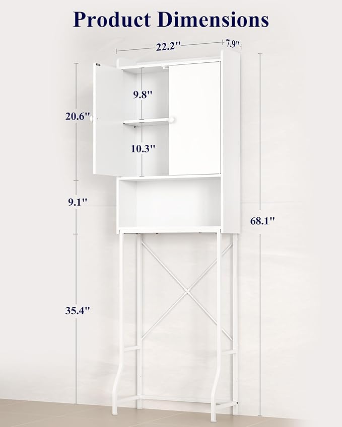 Kitsure Over The Toilet Storage Cabinet - 3 Tier Bathroom Organizers and Storage Solution with Adjustable Shelf & Bottom Bar, Anti-Tip Bathroom Storage Cabinet, White, 3 Tiers (68.1" H)